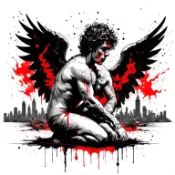 kneeing male angel in grief with a skyline of a burning city behind and crying angels with the clouds apocalyptic style  tattoo design idea