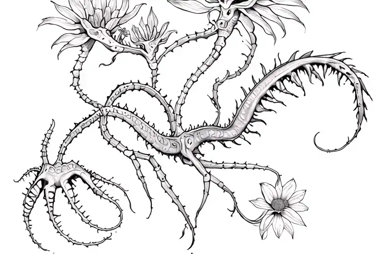 lower back tattoo with venus flytraps wrapping around the hips. a few with jaws open, and some flowering tattoo design idea