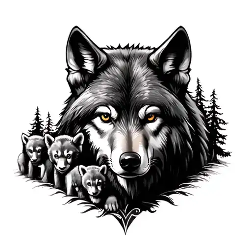 norse wolf with 3 cubs + tree tattoo design idea