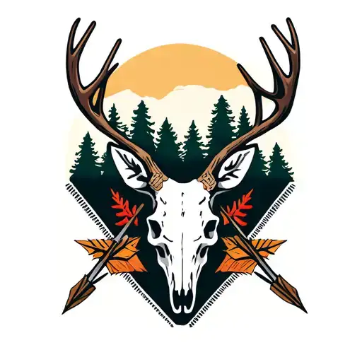 A traditional style tattoo of a deer skull surrounded by arrows and pine trees, representing the client's love for hunting and the outdoors tattoo design idea