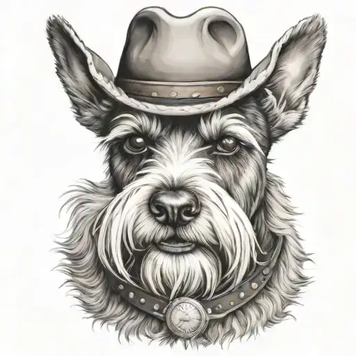 salt and pepper schnauzer with cowboy hat and brown eyes and a collar looking with western pistol tattoo design idea