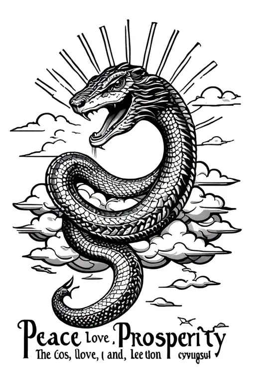 The words Peace, love, and prosperity with a king cobra, clouds, and sunlight peaking through the clouds tattoo design idea