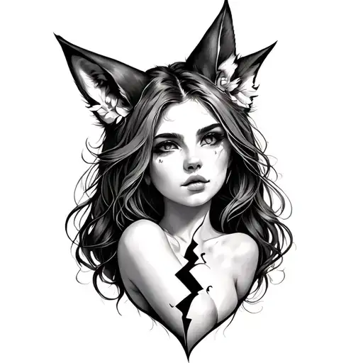 woman with fox ears stitching together a broken heart tattoo design idea