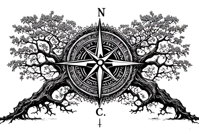 tree of life and compass intertwined together  tattoo design idea