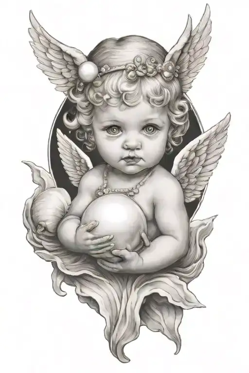 A baby angel with two horns above her head ,holding a diamond a shell which has a pearl in it  tattoo design idea