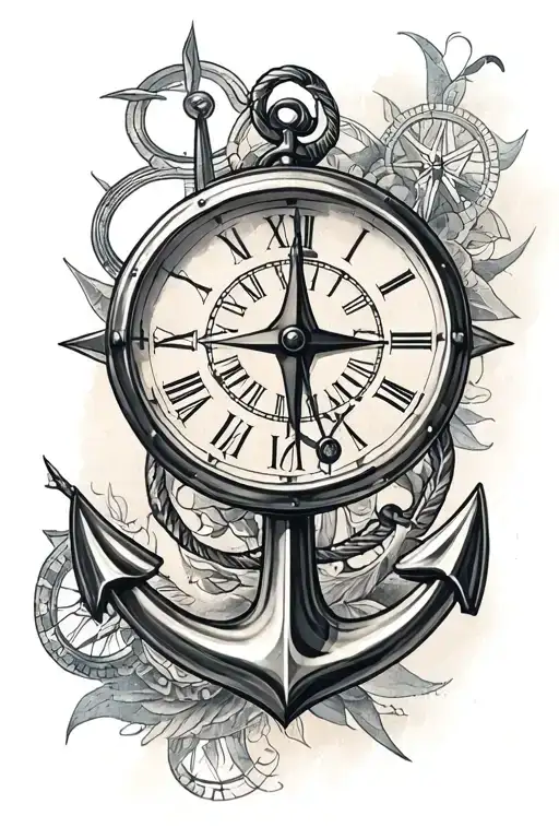 clock, anchor and compass tattoo design idea