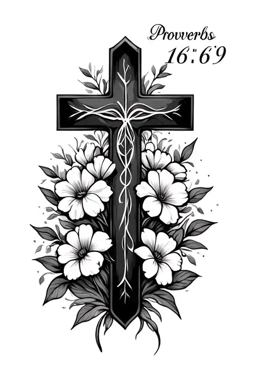 vibrant flowers surrounding a simple cross, and then incorporate Proverbs 16:9 in a beautiful script above or below tattoo design idea