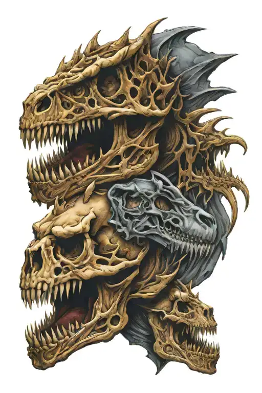 T. rex, human skulls, crown, darkness, Evelyn name tattoo design idea
