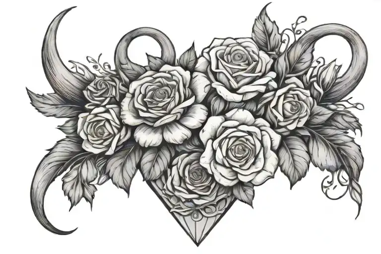 daisy flower, roses, diamond, ram horns, flowers, tattoo design idea