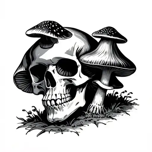 skull and 2 mushrooms, 1 big 1 small tattoo tattoo design idea