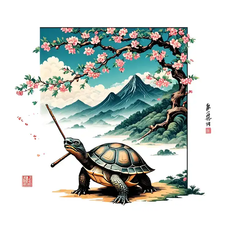 tortoise elderly kung fu turtle with staff at peach tree blossoms blowing away scene in mountain pass tattoo design idea
