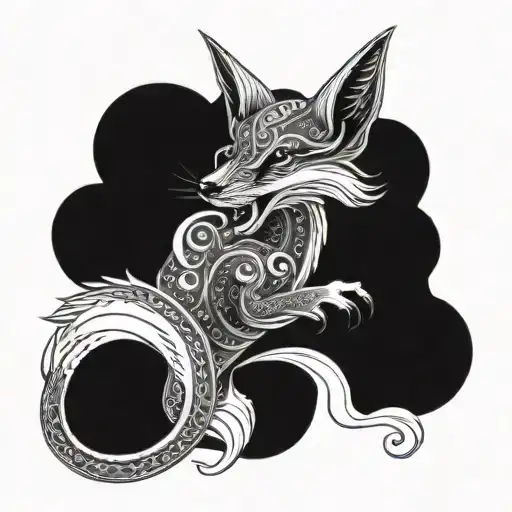 Ouroboros fox tarot devil in red and blue tones tattoo design idea