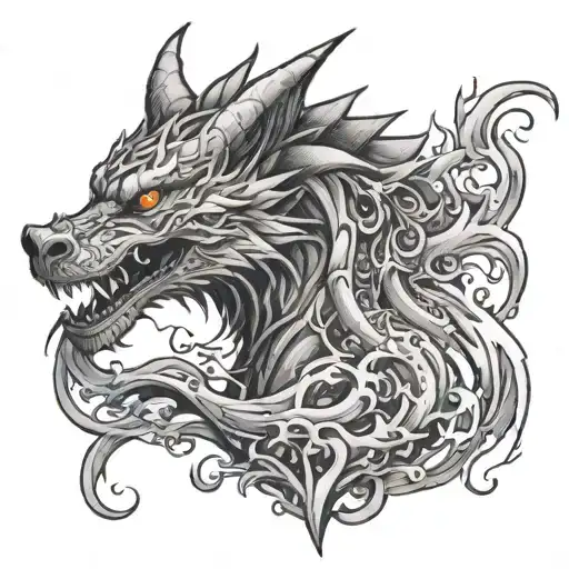 dragon breathing fire in form of wolf tattoo design idea
