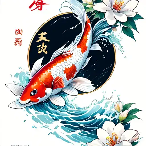 a koi fish swimming upwards, surrounded by magnolia flowers and Japanese kanji for "love" (愛), water waves tattoo design idea