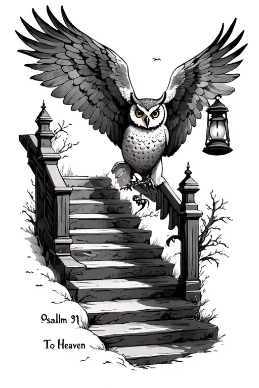 stairway to heaven, hand of god, owl holding a lantern lighting the pathway up, Psalm 91 written in the staircase tattoo design idea