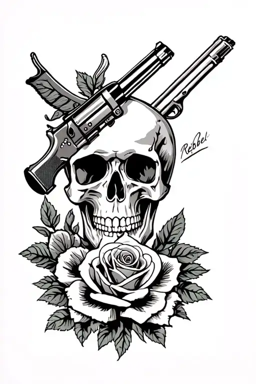 rebel flag , gun and roses skull surrounded tattoo design idea