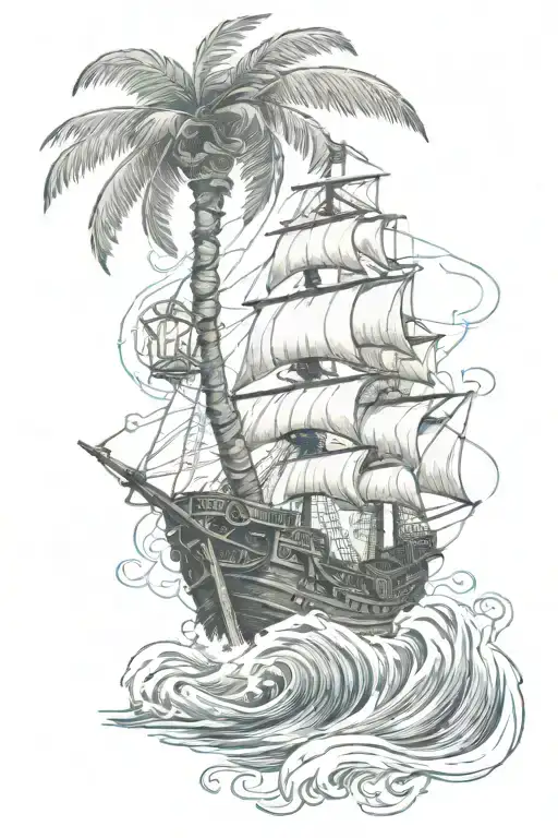 pirate ship, ocean waves, palm tree intertwined tattoo design idea
