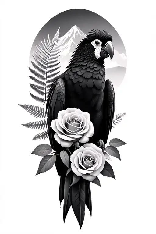 black cockatoo with a wing as a silver fern, with a mountain in the background, 3 roses at different stages of bloom  tattoo design idea