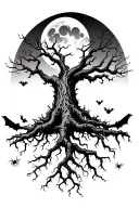 poison tree with roots. include ominous evil shading with bats and spiders and a moon.  tattoo design idea