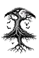 poison tree with roots. include ominous evil shading with bats and spiders and a moon.  tattoo design idea