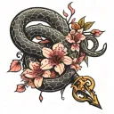 2 snakes (red and black) wrapped around a dagger with cherry blossom flowers around it tattoo design idea