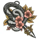 2 snakes (red and black) wrapped around a dagger with cherry blossom flowers around it tattoo design idea
