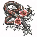 2 snakes (red and black) wrapped around a dagger with cherry blossom flowers around it tattoo design idea