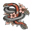 2 snakes (red and black) wrapped around a dagger with cherry blossom flowers around it tattoo design idea