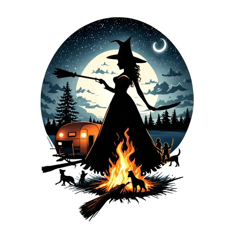 silhouette of busty sexy witch bride on broomstick over a campsite with a trailer and campfire with children & dog tattoo design idea