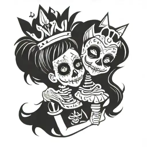 cartoon skeleton holding a girl with clown makeup and a princess crown  tattoo design idea