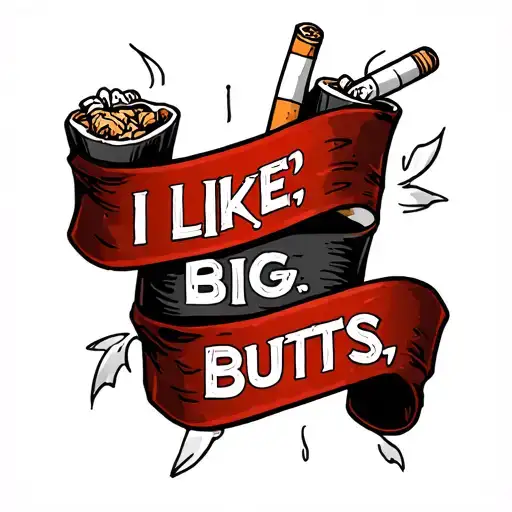 Traditional style tattoo sketch of banners that say “I” “Like” “Big” “Butts” with cigarette butts tattoo design idea