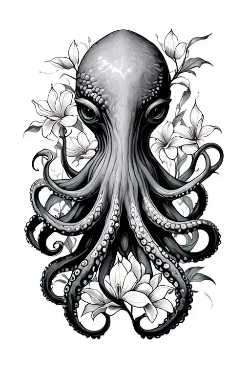Small-headed Cthulhu octopus, long flowing tentacles with magnolia & lily, half-sleeve shoulder to mid-arm tattoo design idea