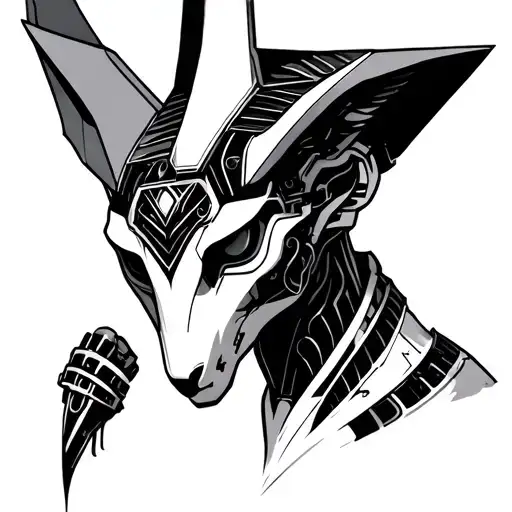 Create a futuristic Anubis tattoo that runs from shoulder to elbow with robotic parts, mixing ancient and modern, with tattoo design idea