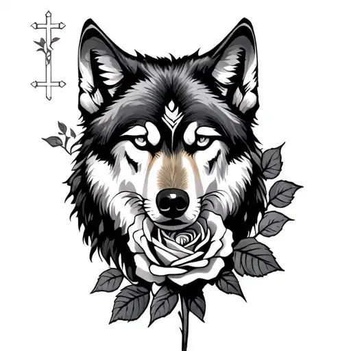 wolf, rose, cross tattoo tattoo design idea