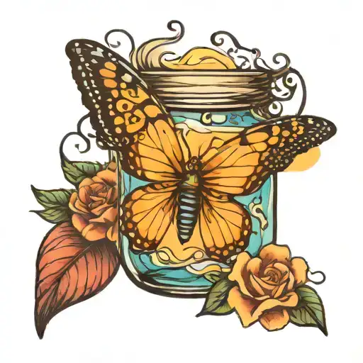 butter fly trapped in a jar surrounded by the ocean tattoo design idea
