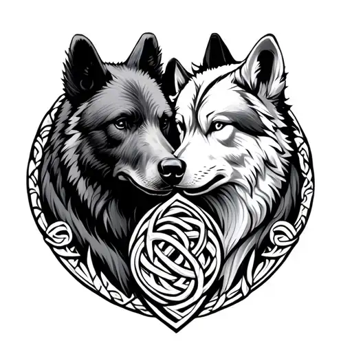 bear and wolf heads yin yang celtic knot intertwined tattoo design idea