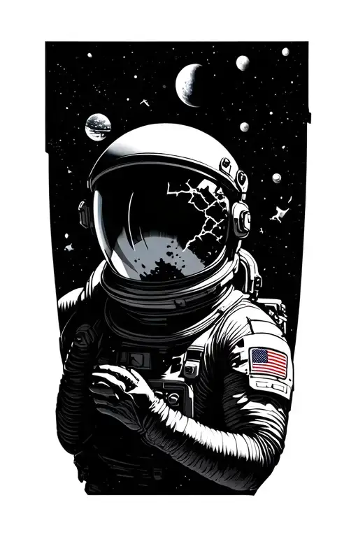 Astronaut with a shattered helmet floating in space tattoo design idea