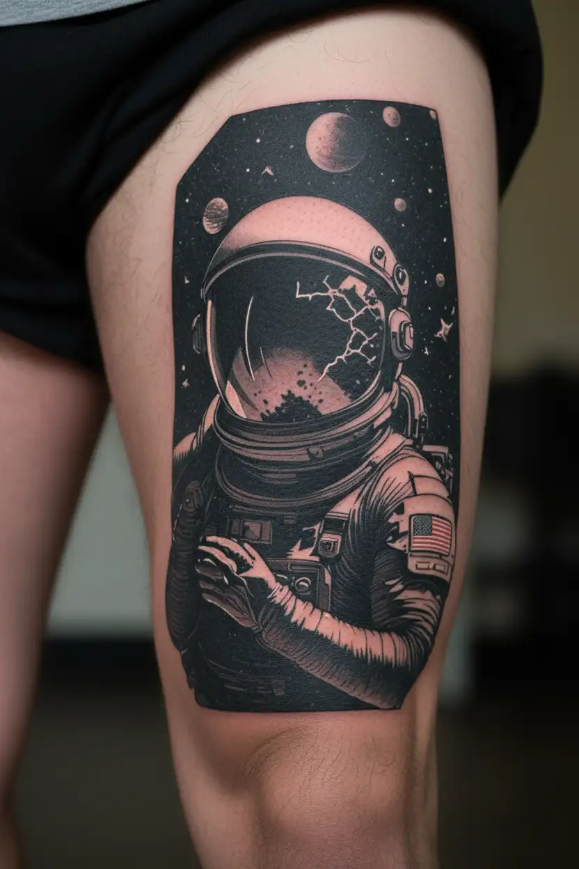 Astronaut with a shattered helmet floating in space tattoo design idea