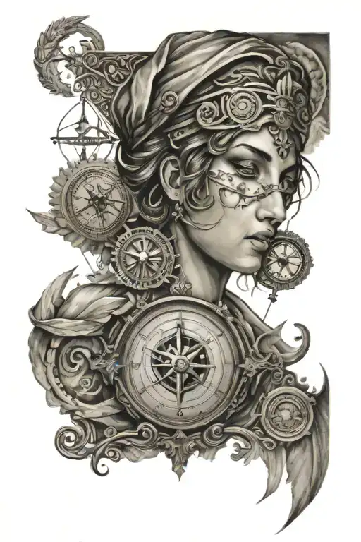 Goddess of Justice, eye, scale, heart, and compass tattoo design idea