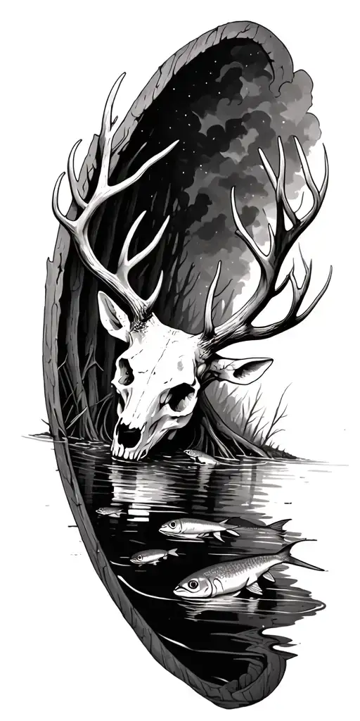 deer skull sinking in water in the woods surrounded by catfish tattoo design idea
