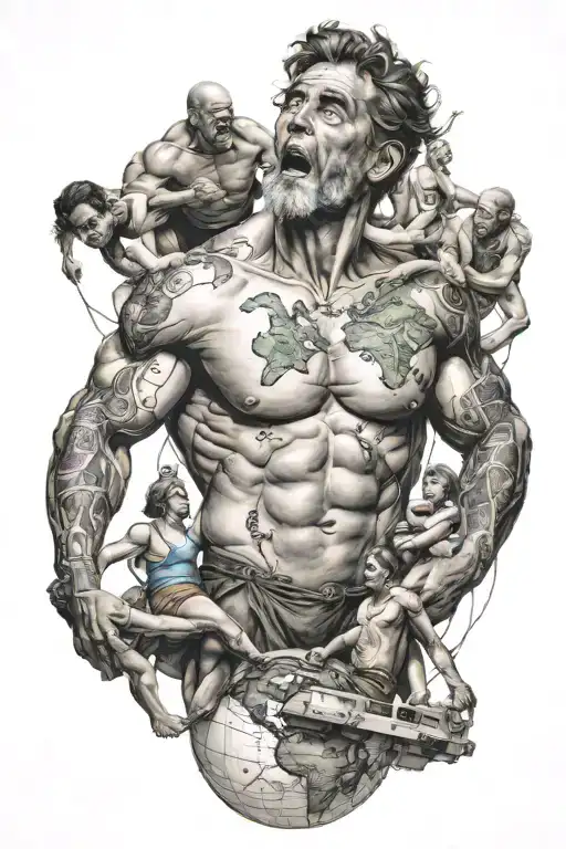 Atlas holding up the world surrounded by people mocking him tattoo design idea