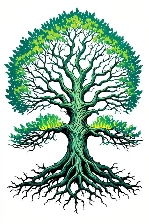 yggdrasil tree with big beautiful branches on fire with interwoven roots tattoo design idea