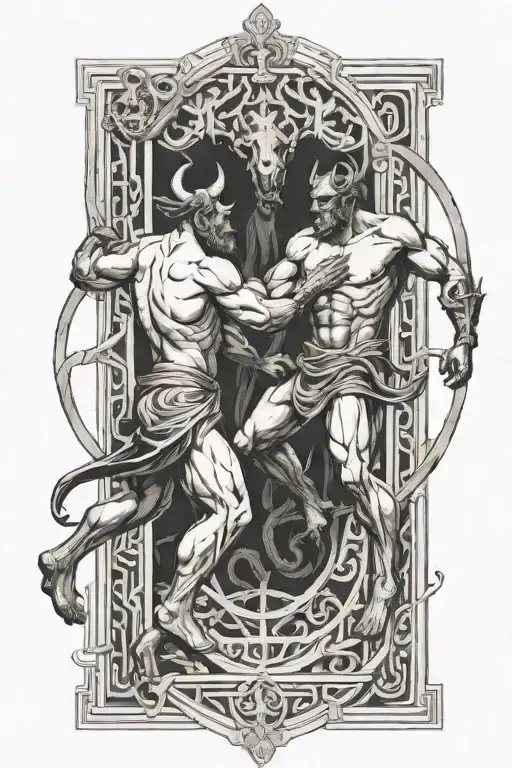 Minotaur and theseus fighting under a labyrinth  tattoo design idea