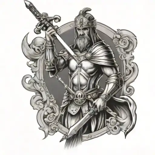 bible, violin and knighted warrior holding sword tattoo design idea