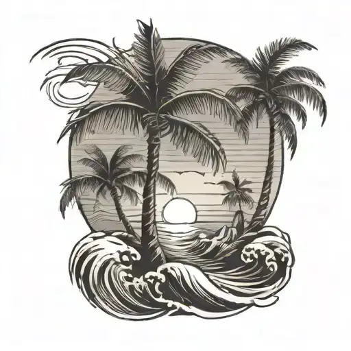 Palm tree waves and sunset  tattoo design idea