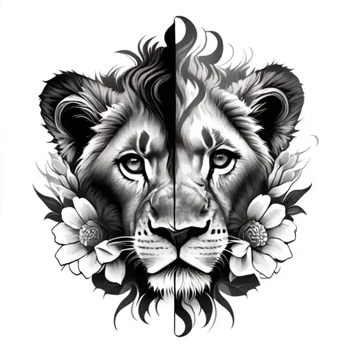 half lion half face tribal half 3 lion cubs faces with flowers intertwined tattoo design idea