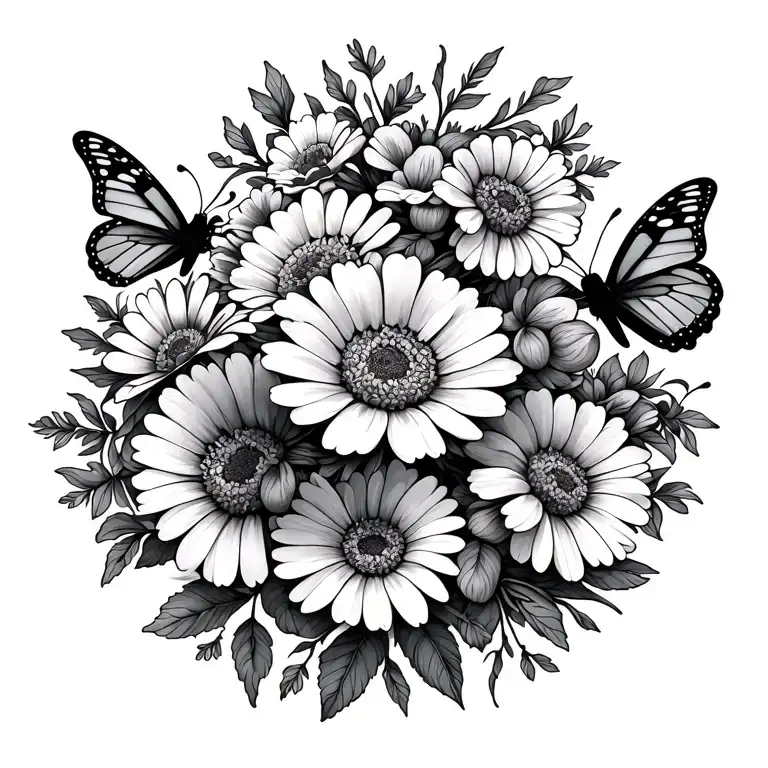 Fine line tattoo with carnations, daisies, sweet pea flowers, and butterflies tattoo design idea