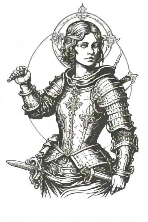 bust portrait of joan of arc with  a sword and a halo tattoo design idea