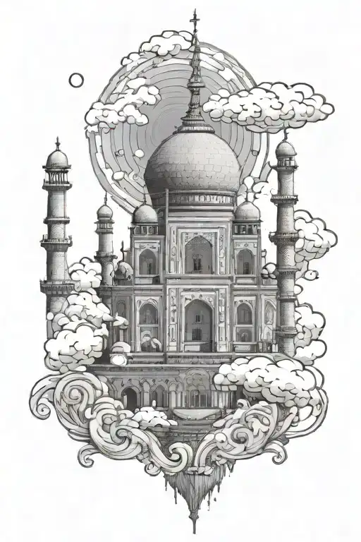Mom name on left arm with clouds and the taj mahal and add little details tattoo design idea