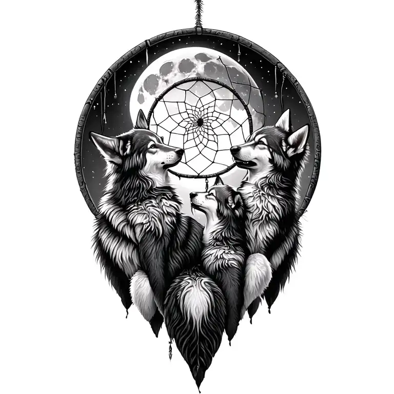 dream catcher with three daughters wolf pups howling at the moon tattoo design idea